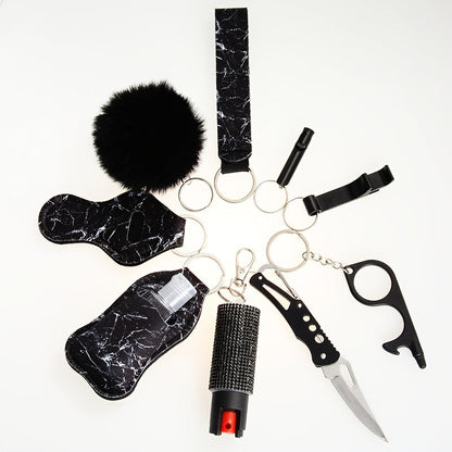 Kit de porte-clés de sécurité personnelle pour femmes avec sifflet, couteau de poche et spray, accessoires d'autodéfense compacts pour les sorties quotidiennes, cadeau d'anniversaire ou de fête, 6 couleurs