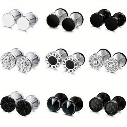 Lot de 16 fausses boucles d'oreilles écarteurs pour hommes et femmes – Clous d'oreilles style plug en acier inoxydable 316L, 8 mm, styles variés noirs et argentés, ensemble de boucles d'oreilles hypoallergéniques, idéal pour un cadeau