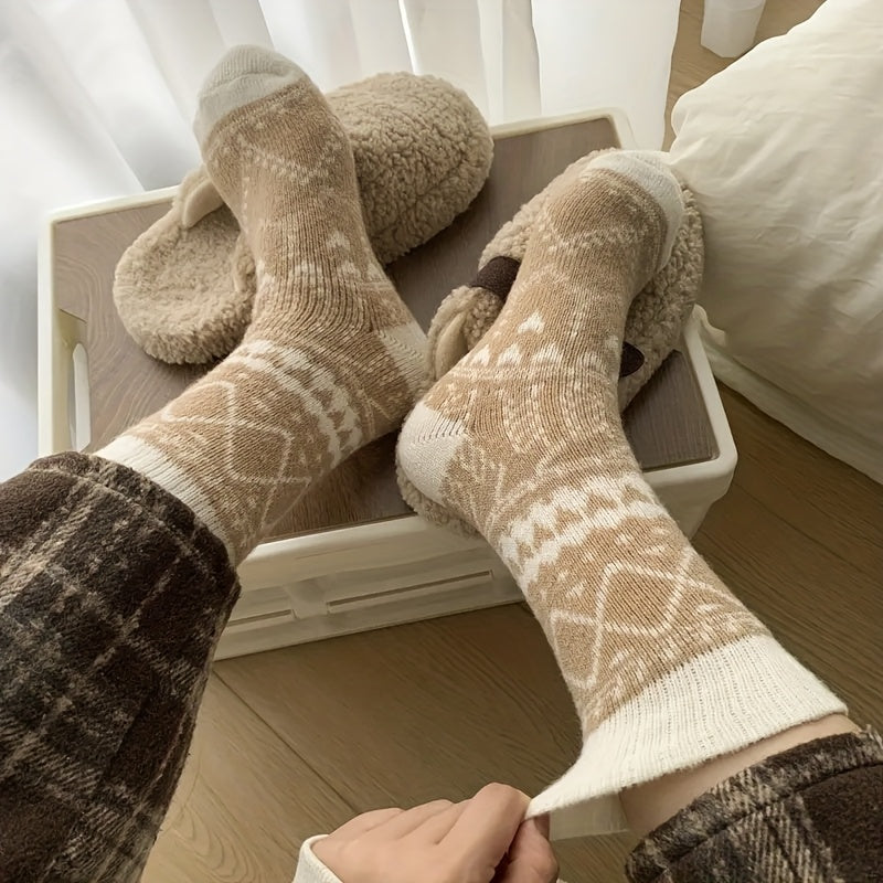 Lot de 5 paires de chaussettes thermiques d'hiver pour femme – Chaussettes mi-mollet chaudes et duveteuses à motif losanges ethniques, tissu doux et confortable pour les trajets en extérieur et au quotidien, multicolores