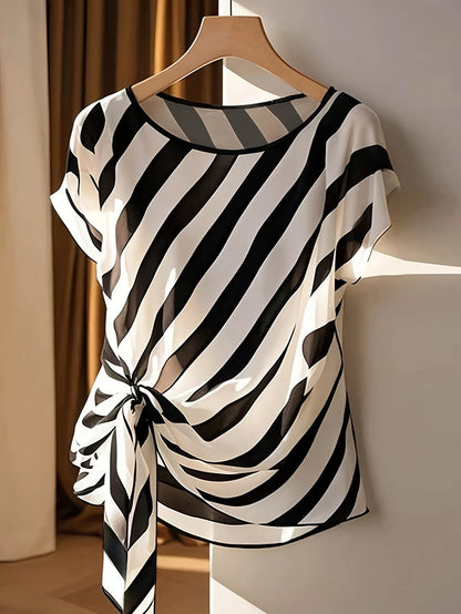 Chemisier sans manches pour femme style français à rayures avec nœud - Haut semi-transparent à col rond, idéal pour le printemps, l'été et l'automne, chic et décontracté | Haut pour femme au design élégant d'inspiration française, lavable en machine