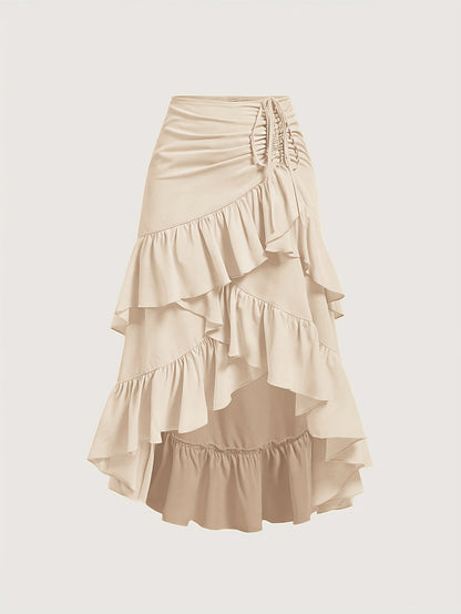 Women's Asymmetrical Pleated Hem Multi-Layer Midi Skirt – Flowy Chiffon-Style 100% Polyester Spring Fall Fashion Tiered Ruffle Swing Skirt