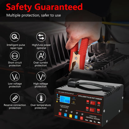 Chargeur de batterie universel intelligent 12V 24V avec écran LCD, réparation par impulsion, maintien de charge pour voiture, camion, moto, bateau, tondeuse à gazon, moissonneuse – Régulation automatique de la température