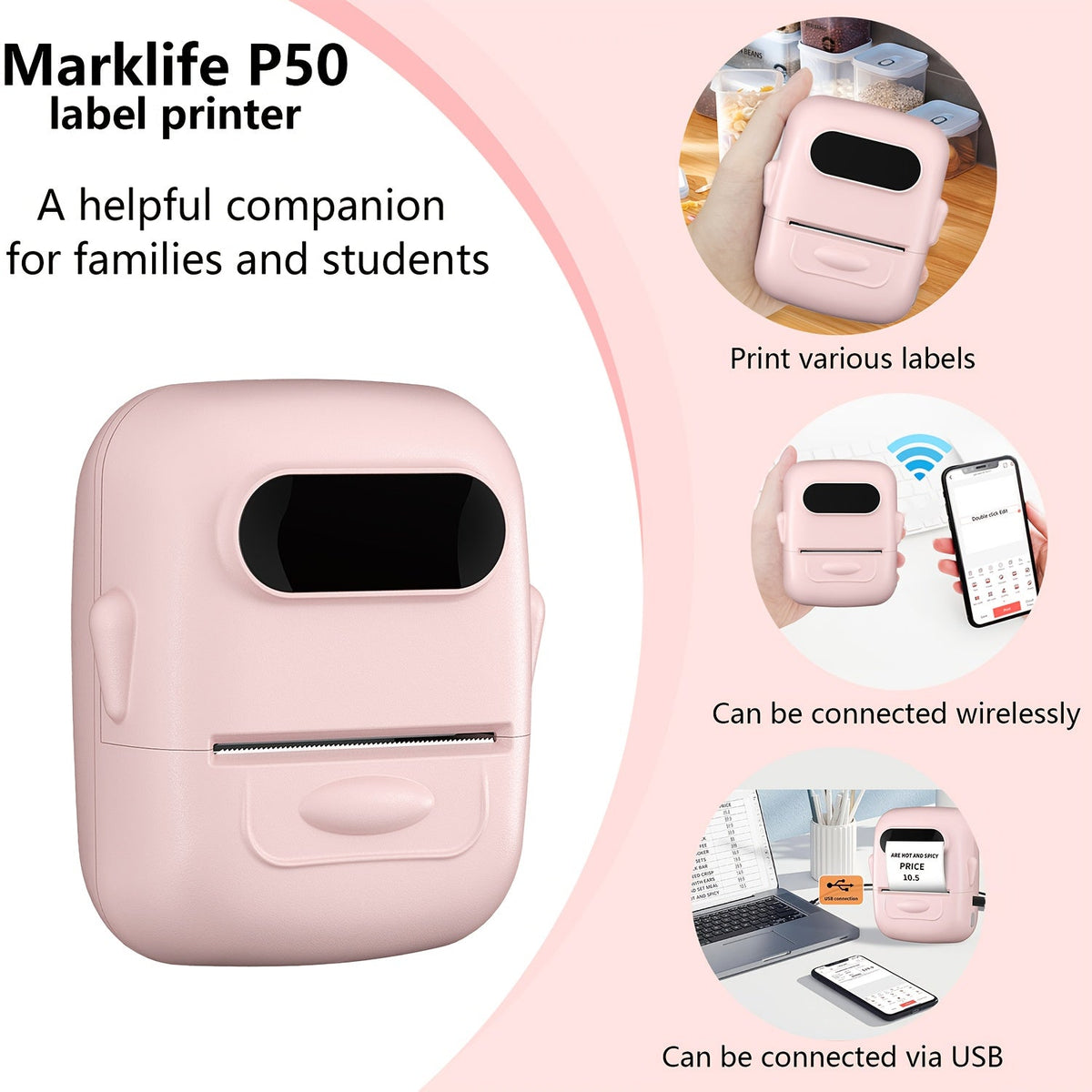 Étiqueteuse thermique sans fil – Aucune encre requise, modèles multiples, imprimante d'étiquettes Bluetooth pour l'organisation du rangement, fournitures de bureau, d'école et de maison, rose, blanc, bleu