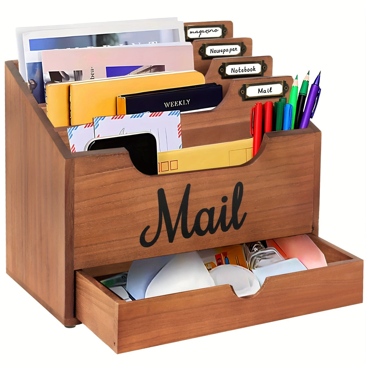 Grand organisateur de courrier de bureau en bois massif avec tiroir, 4 compartiments et séparateurs étiquetables pour dossiers, lettres et papier, organisateur de bureau pour bureau à domicile, étudiants et professionnels