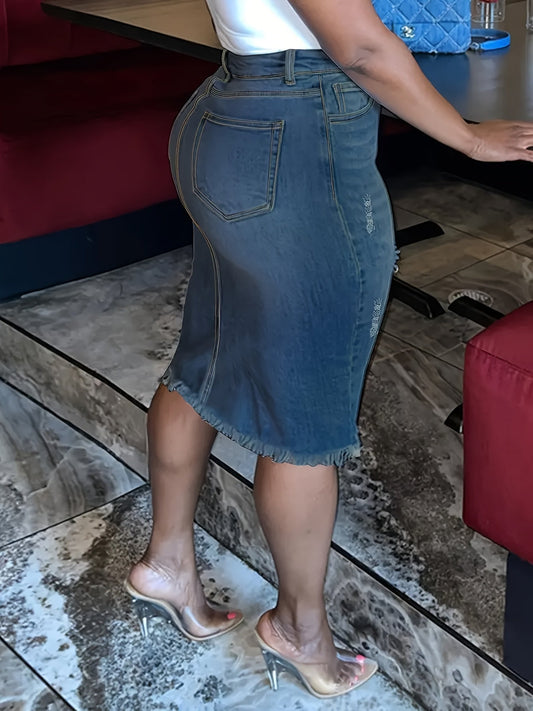 Women's Vintage High-Waisted Denim Midi Skirt – Stretch Raw Hem Distressed Look, Machine Washable, Non-Transparent, Sea Blue, Sizes XS-XXL, Casual Spring Summer Fall Skirt