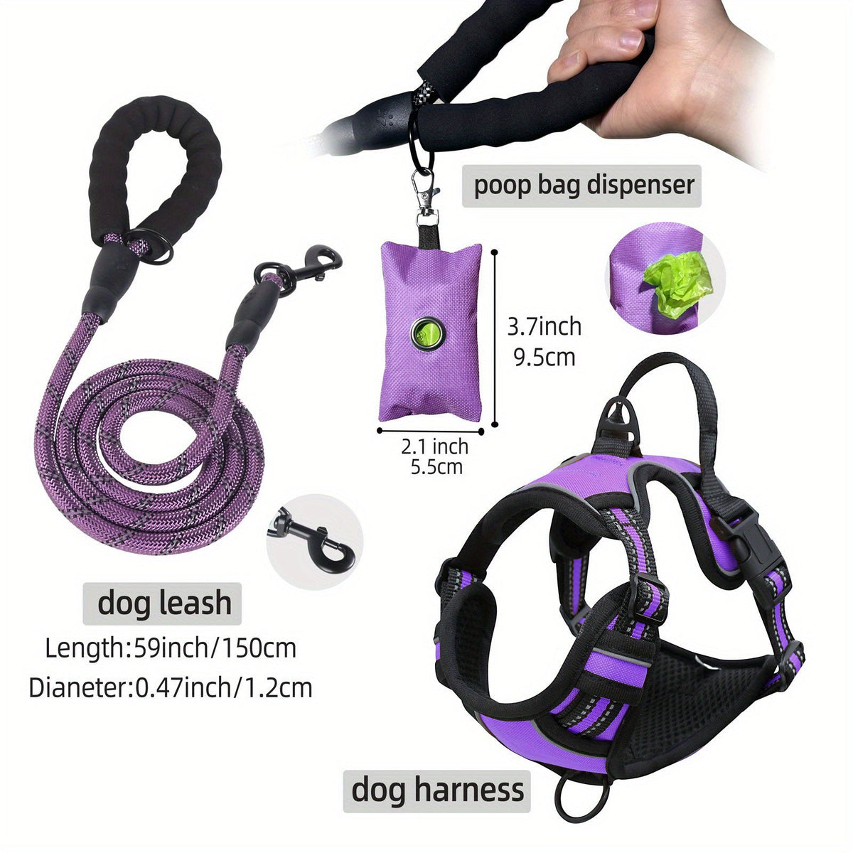 Ensemble laisse, harnais et distributeur de sacs à déjections pour chien – Harnais gilet réglable, respirant et anti-fugue pour chiens de taille moyenne à grande avec bandes réfléchissantes – Kit de promenade anti-traction rembourré avec porte-sac intégré