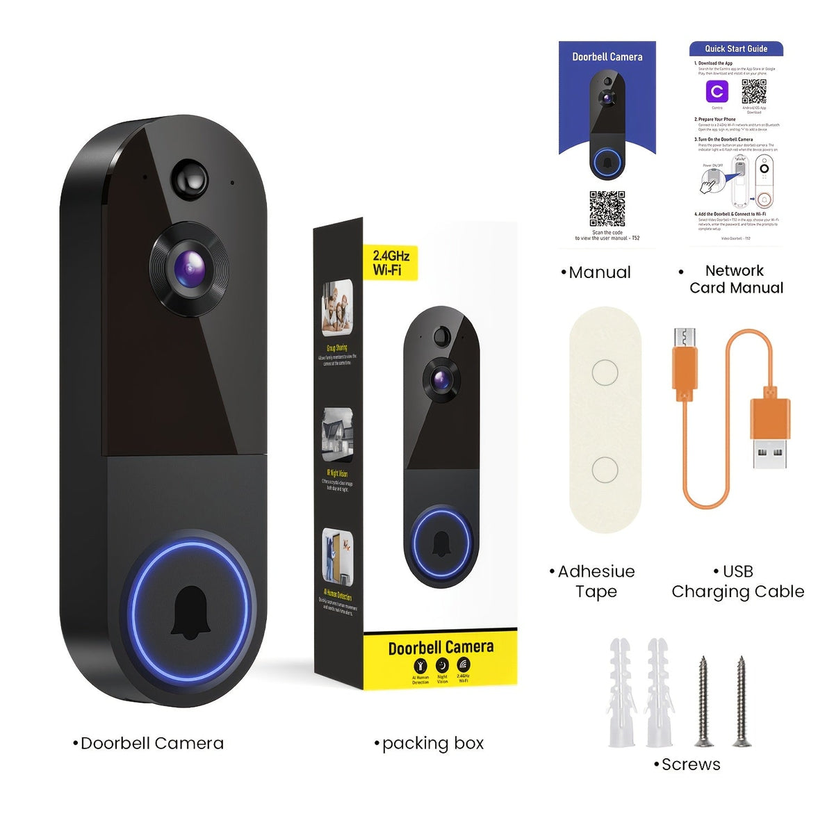 Sonnette vidéo intelligente sans fil 2K – Sonnette Wi-Fi avec vision nocturne, capture d'écran par IA, interphone bidirectionnel, batterie rechargeable et stockage local, caméra de sécurité pour porte d'entrée