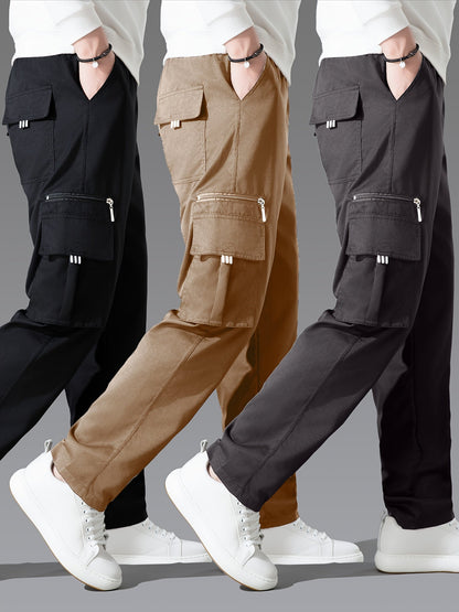 Lot de 3 pantalons cargo pour homme, coupe droite multipoches – Pantalon de randonnée en polyester tissé uni pour le printemps et l'automne, tailles S à XXXL, 9 combinaisons de couleurs