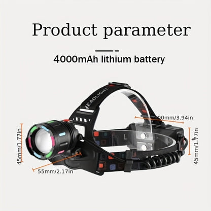 Lampe frontale LED rechargeable, 4 modes, focale réglable, inclinaison à 90°, feu arrière d'avertissement, pour le camping, la randonnée, l'aventure, les réparations d'urgence, lampe durable pour adultes