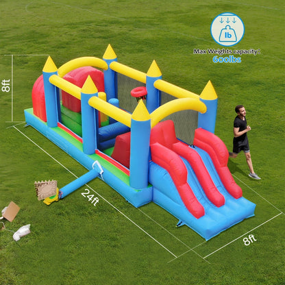 Parcours d'obstacles gonflable de 24 pieds avec double toboggan et soufflerie haute vitesse, parcours d'obstacles de jardin en PVC de qualité commerciale de 0,45 mm de 24x8x8 pieds pour enfants et adultes, installation rapide pour fêtes d'été en plein air