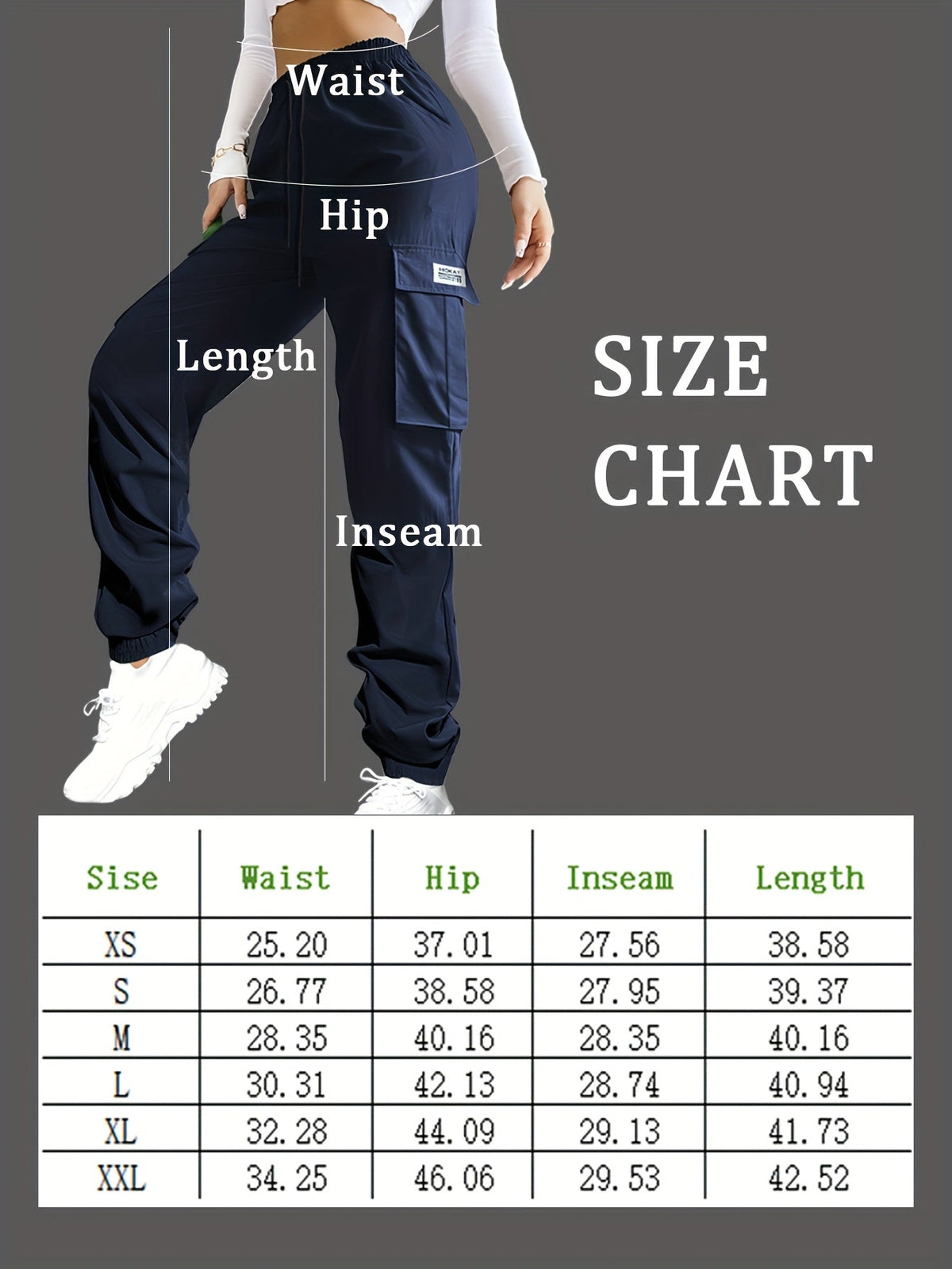 Pantalon cargo pour femme avec poches zippées – Taille élastique à cordon de serrage, grandes poches, pantalon décontracté pour l'extérieur, noir, gris, vert, bleu, XS-XXL