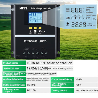 Contrôleur de charge solaire MPPT 100 A avec écran LCD et suivi automatique – Compatible avec les batteries au plomb, au lithium et LiFePO4, pour systèmes solaires hors réseau, camping-cars, bateaux et maisons