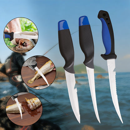 Ensemble de 3 couteaux de pêche avec lames en acier inoxydable, couteaux à fileter, désosser et vider avec gants résistants aux coupures, coupe-fil de pêche et cordon – Cadeau de pêche unique pour pêcheurs et campeurs
