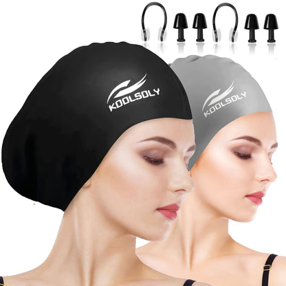 Lot de 2 bonnets de bain en silicone avec protection auditive pour cheveux longs – Inclut bouchons d'oreilles et pince-nez, ensemble de bonnet de bain étanche, 11 options de couleurs pour femmes, hommes et adultes