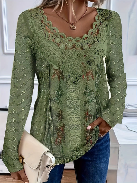 T-shirt élégant et décontracté à manches longues pour femme avec col en dentelle et imprimé floral - Chemisier en maille polyester à motif inspiré de la nature pour le printemps, l'automne, le quotidien et les tenues de bureau