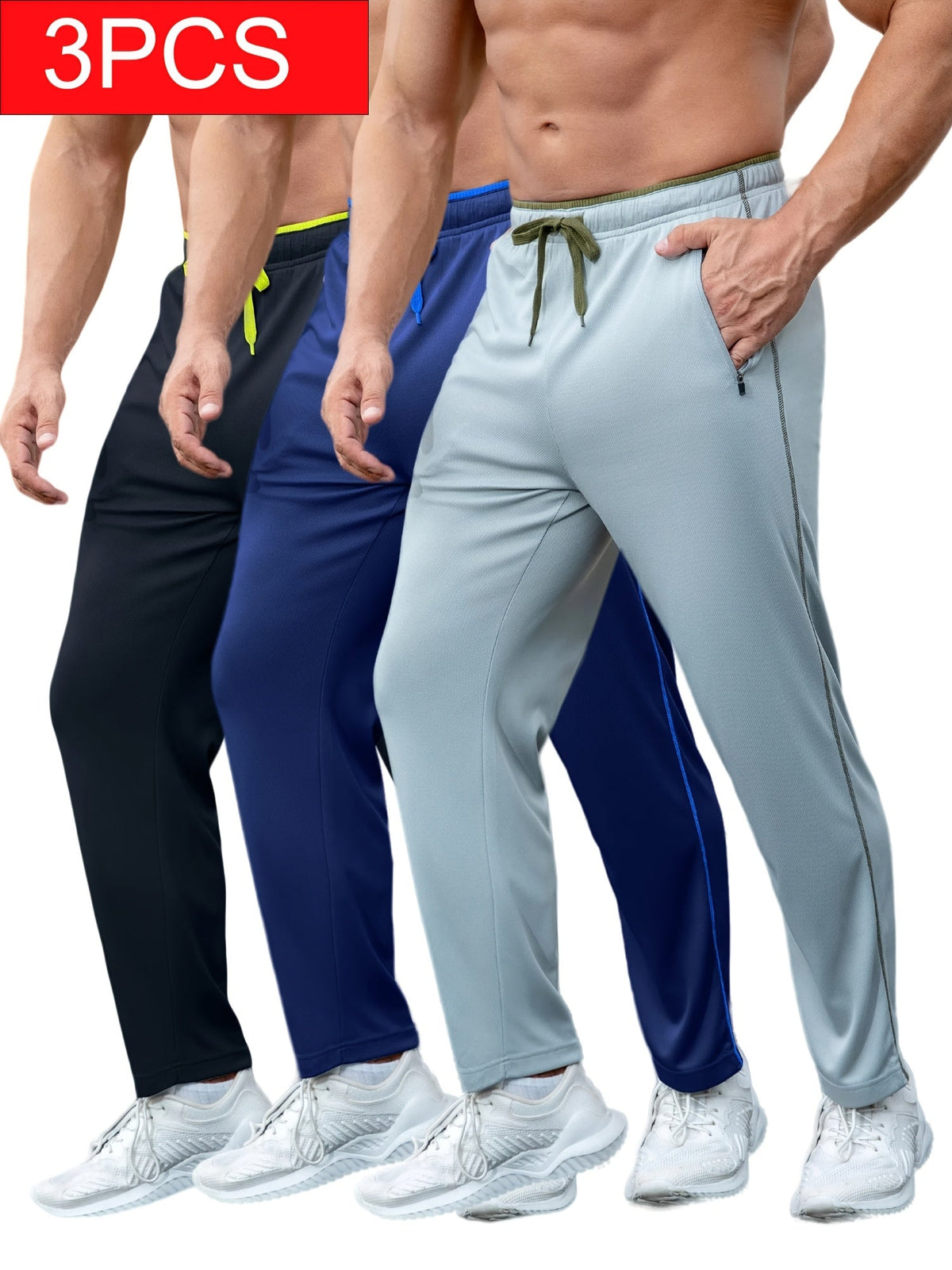 Lot de 3 pantalons de survêtement légers pour homme avec poches – Joggers athlétiques à ourlet ouvert pour l'entraînement, le jogging, la salle de sport et la course, tailles S à XXXL, 3 assortiments de couleurs