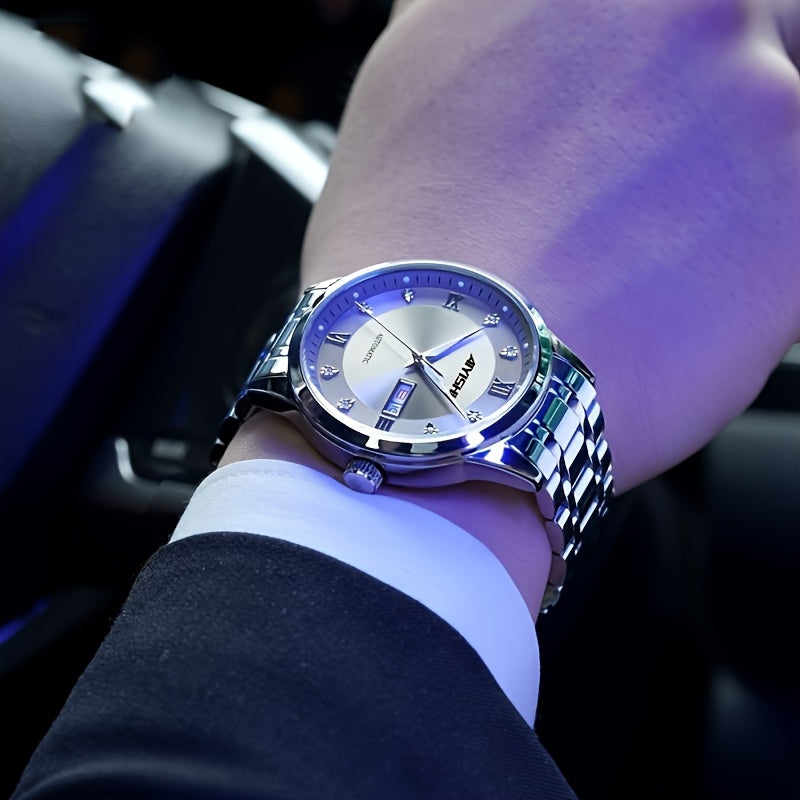 Montre à quartz de luxe pour homme, cadran tourbillon en acier inoxydable, affichage de la date, luminescence nocturne, montre sport et habillée, garde-temps élégant, cadeau de fête des pères pour homme