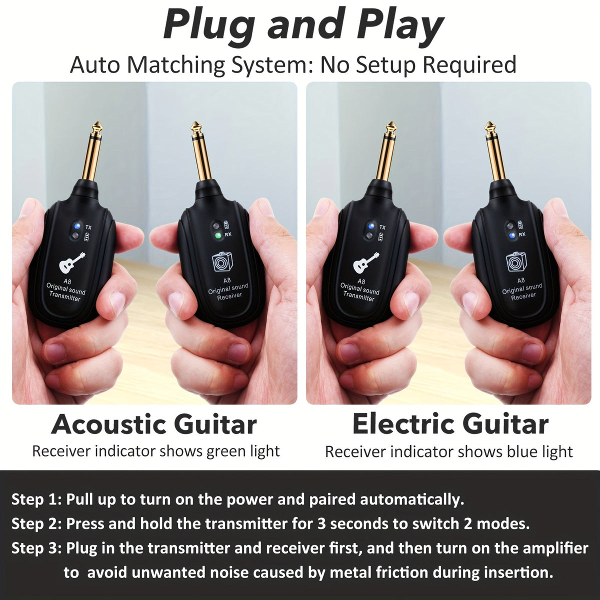 Système sans fil pour guitare A8 avec émetteur et récepteur rechargeables intégrés – Audio stéréo, chargement USB, compatible avec guitare électrique, basse et violon, fonctionne avec les amplificateurs