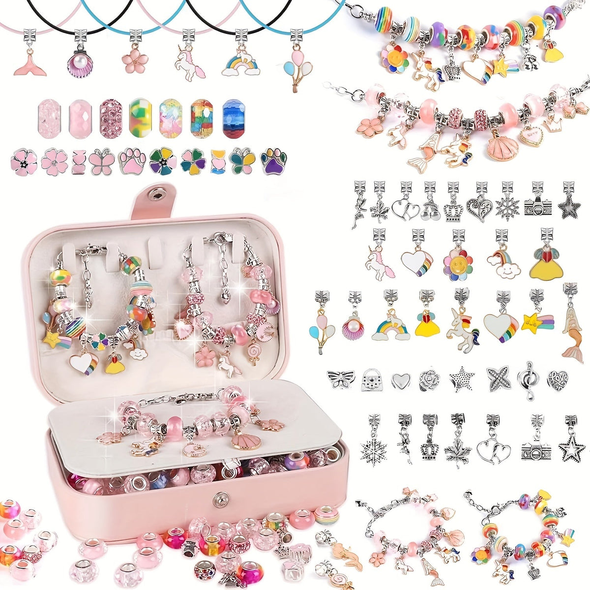 Kit de création de bracelets à breloques de 134 pièces – Ensemble de perles DIY mignon pour bijoux avec 120 perles, 6 bracelets, 6 colliers, boîte à bijoux et sac cadeau, meilleur cadeau d'anniversaire ou de Nouvel An pour filles, enfants et adolescentes