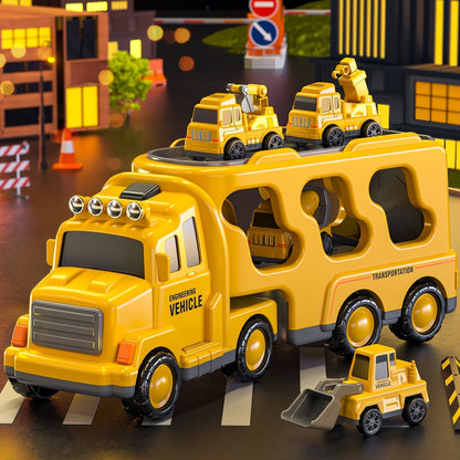 Ensemble de 5 véhicules de chantier pour enfants de 2 ans et plus - Camions de construction à friction avec véhicule de transport, cadeau d'anniversaire ou de Noël pour tout-petits, couleurs des accessoires aléatoires