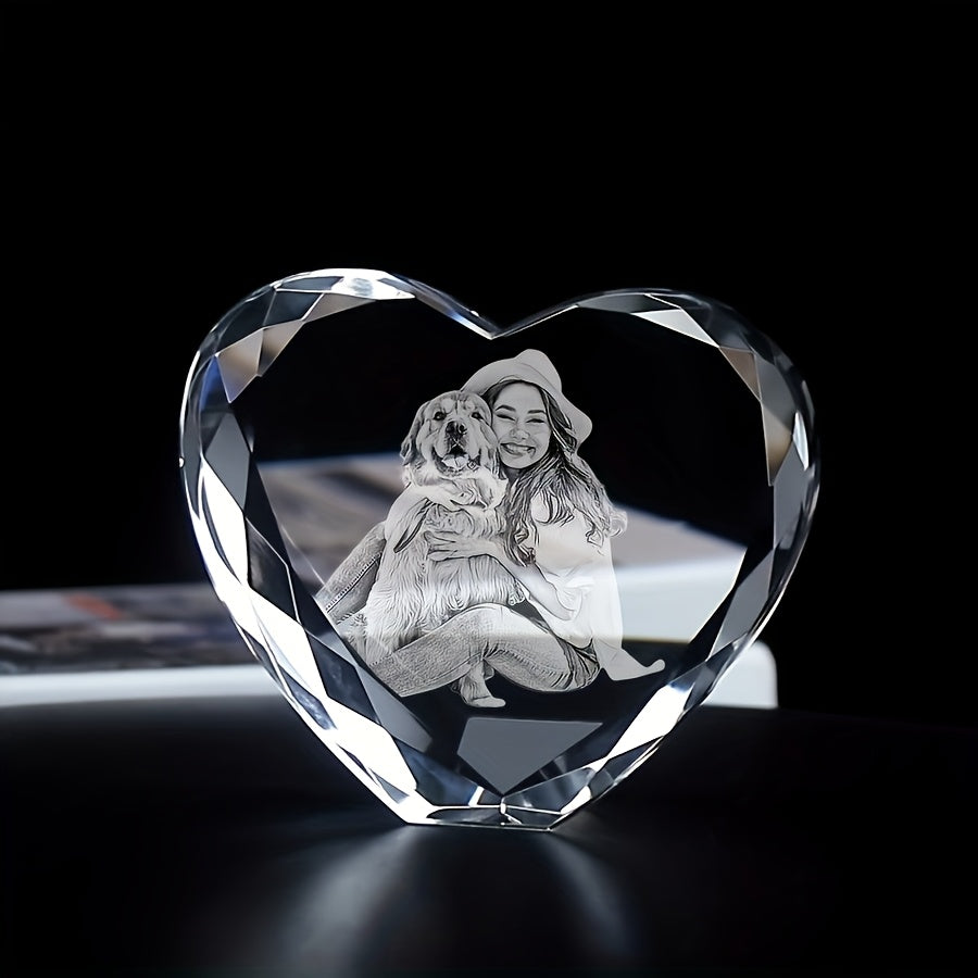 Portrait photo en verre en forme de cœur gravé au laser – Souvenir personnalisé pour animal de compagnie ou proche, cadeau d'anniversaire ou de remise de diplôme, ornement en cristal transparent de style européen avec votre propre photo