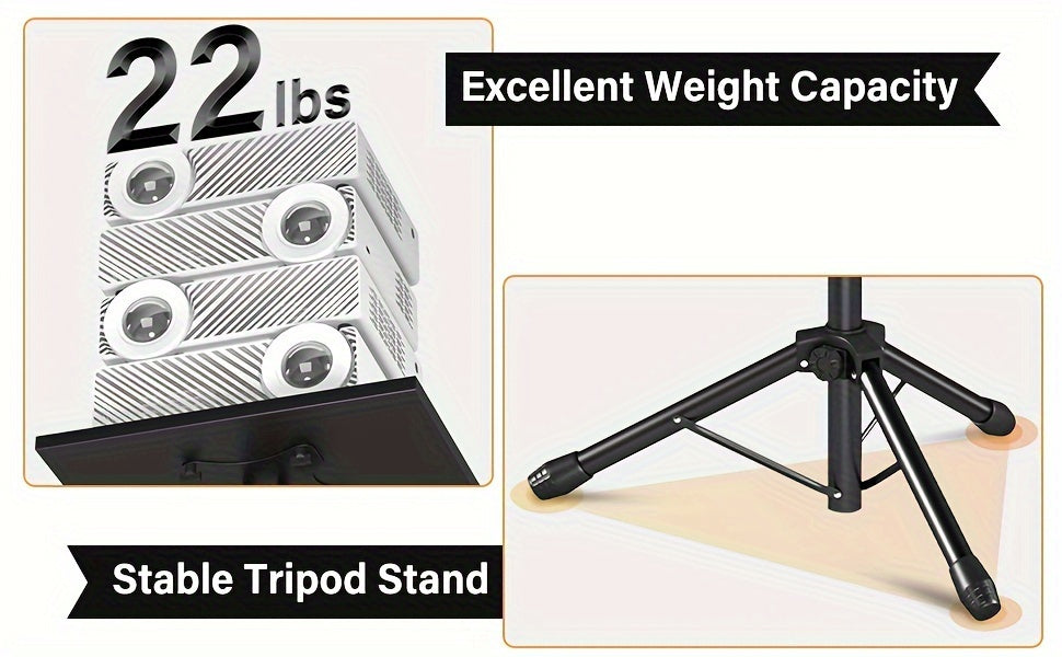 Trépied pour projecteur et ordinateur portable – Hauteur réglable avec support de téléphone col-de-cygne, plateau inclinable à 180°, capacité de 10 kg, support au sol portable pour bureau, maison, scène, studio et DJ