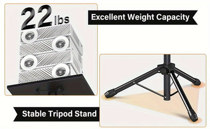 Trépied pour projecteur et ordinateur portable – Hauteur réglable avec support de téléphone col-de-cygne, plateau inclinable à 180°, capacité de 10 kg, support au sol portable pour bureau, maison, scène, studio et DJ