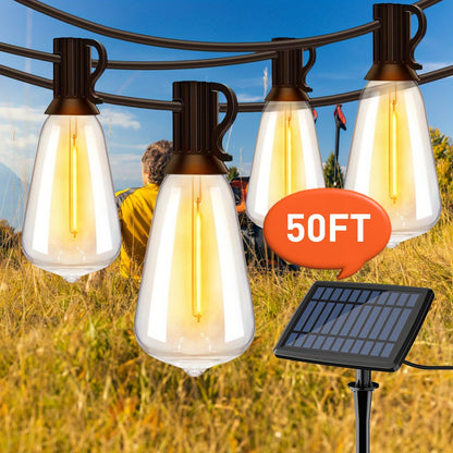 Guirlande lumineuse LED solaire étanche pour extérieur 15 m & 30 m – Ampoules ST38 incassables et intensité réglable, chargement USB-C & solaire, 4 modes, pour terrasse, jardin, piscine, mariage, camping et décoration de Noël
