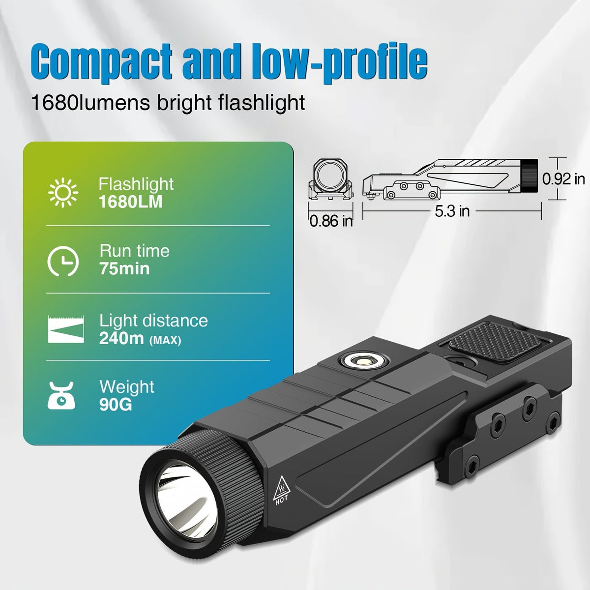 Lampe tactique de 1680 lumens pour fusil avec mode stroboscopique momentané – Monture double rail M-Lok et Picatinny, rechargeable par USB magnétique, lampe d'arme profil bas pour la chasse, le tir et la défense à domicile (Modèle DF9030)