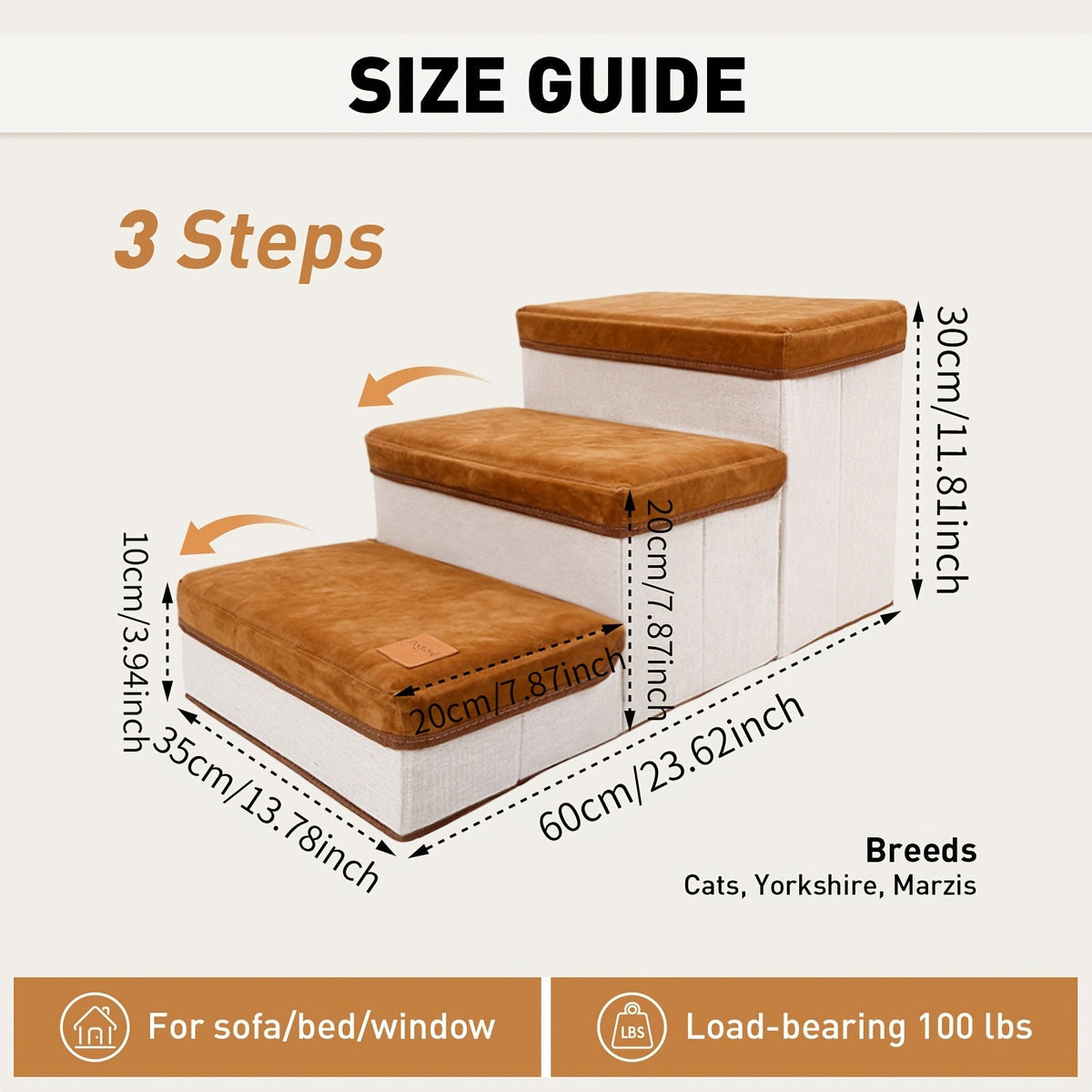 Escalier pliable pour petits chiens à 3 marches – Rampe pour animaux en nylon antidérapant pour lits et canapés surélevés, design pliable compact, marron et blanc, inclut une peluche en forme de patte de poulet en bonus