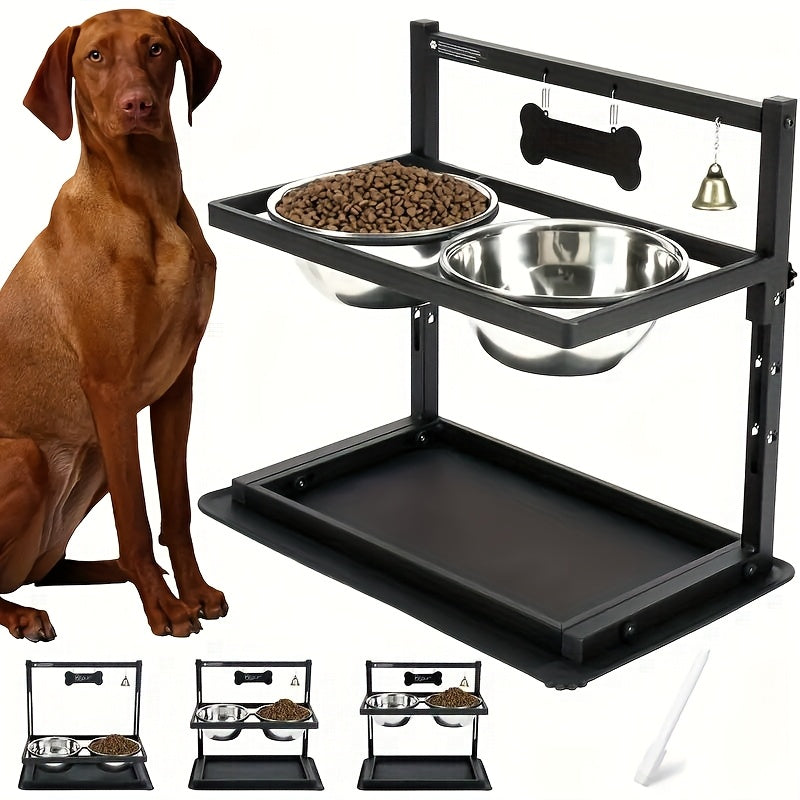 Support de gamelles surélevé et réglable pour chien avec 2 bols en acier inoxydable – Mangeoire surélevée en métal robuste pour chiens de grande et moyenne taille, support ergonomique réglable en hauteur pour nourriture et eau, noir
