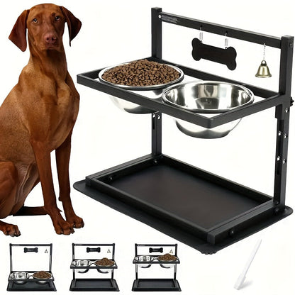 Support de gamelles surélevé et réglable pour chien avec 2 bols en acier inoxydable – Mangeoire surélevée en métal robuste pour chiens de grande et moyenne taille, support ergonomique réglable en hauteur pour nourriture et eau, noir