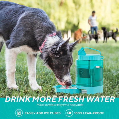 Gourde de voyage pour chien 2,2 L avec gamelle rétractable - Distributeur 2-en-1 portable grande capacité, anti-fuite, pour randonnée, camping, plage et trajets en voiture, dragonne et mousqueton inclus, bleu lagon
