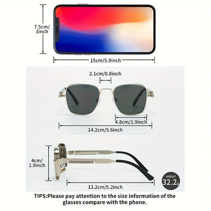 Lunettes de soleil carrées rétro steampunk pour hommes et femmes – Monture en métal vintage, verres dégradés verts, protection UV400, lunettes de fête, streetwear et festival avec étui et chiffon, idée cadeau unique