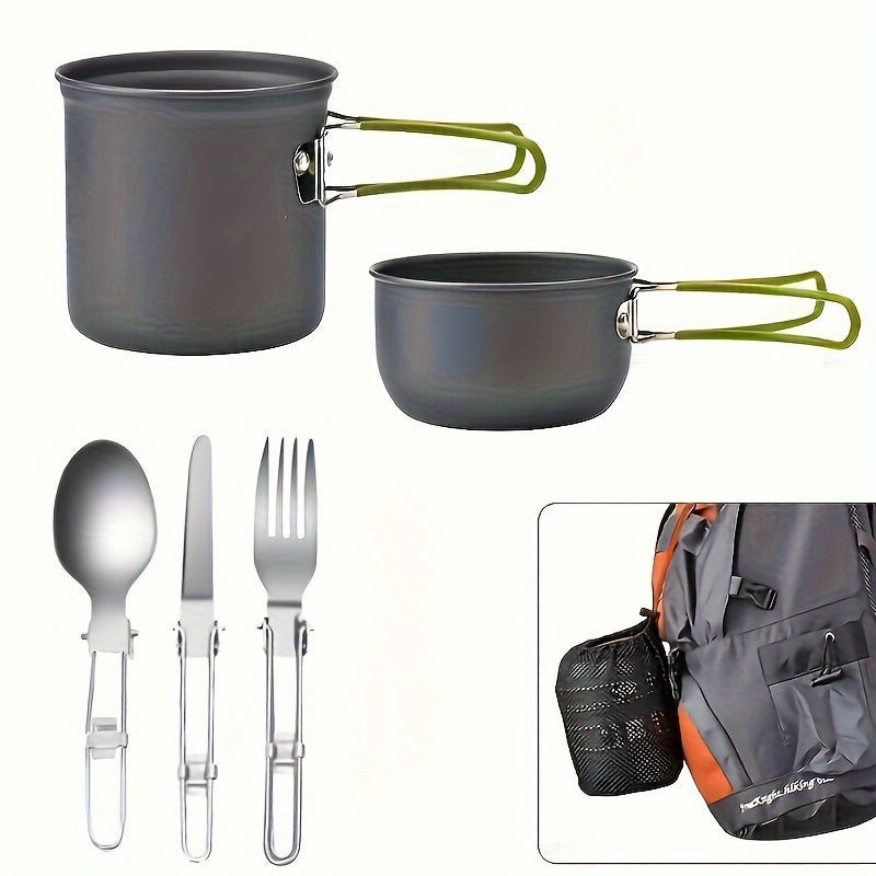 Ensemble de cuisine de camping en acier inoxydable 304 avec rangement pliable – Casserole compacte et durable avec couteaux et fourchettes pour randonnée, pique-niques et camping, vert et orange, kit de cuisine de camping léger