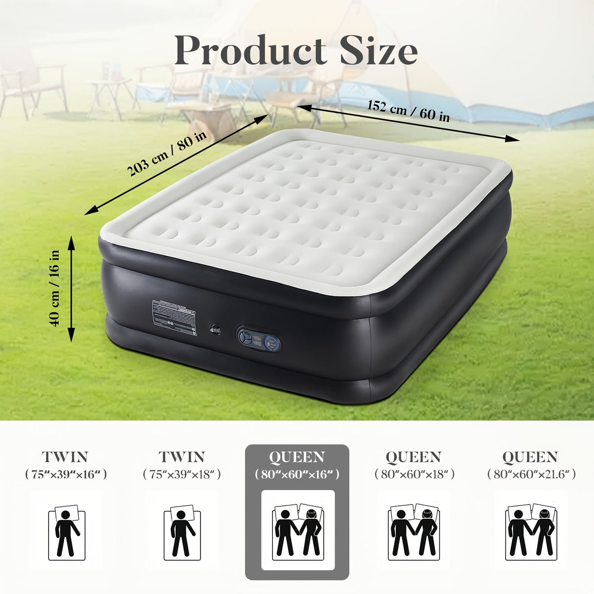 Matelas gonflable avec pompe intégrée – Lit d'appoint double hauteur de 40/46/53 cm d'épaisseur, capacité de 300 kg, base antidérapante – pour la maison, chambre d'amis, camping et usage extérieur