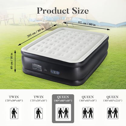 Matelas gonflable avec pompe intégrée – Lit d'appoint double hauteur de 40/46/53 cm d'épaisseur, capacité de 300 kg, base antidérapante – pour la maison, chambre d'amis, camping et usage extérieur