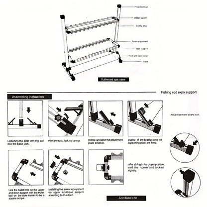 Support de cannes à pêche portable pour 24 cannes, en alliage d'aluminium résistant à la rouille avec poignées rembourrées - Rangement léger pour garage, chalet, chambre et équipement de pêche