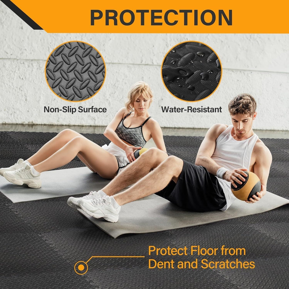 Tapis de sol emboîtable en mousse EVA pour exercice, 2,2 m² (24 pi²), 6 dalles de 61 x 61 x 1,3 cm pour salle de sport, garage, maison, bureau, yoga, gymnastique, Pilates, noir