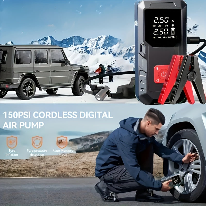Démarreur de voiture 10000 A avec compresseur d'air 350 PSI, batterie de secours portable 9 en 1 avec lampe LED, charge rapide USB Type-C, gonfleur de pneus – Kit d'urgence pour voiture 12 V et cadeau