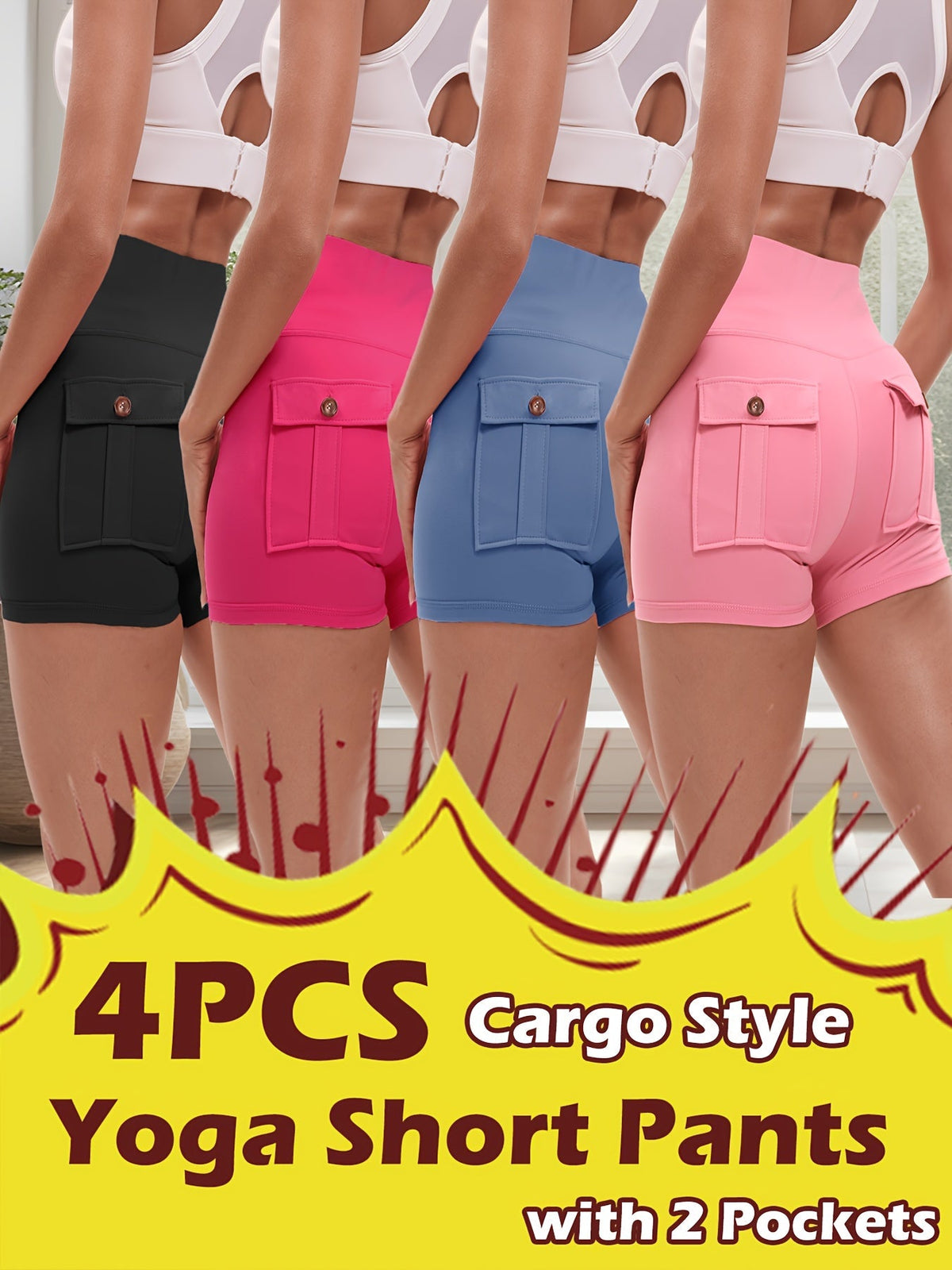 Ensemble de 4 shorts de yoga ultra-extensibles pour femmes – Shorts de fitness galbants à séchage rapide avec taille élastique et 2 poches, short de sport uni pour la gym, la course et le Pilates, S-XXL
