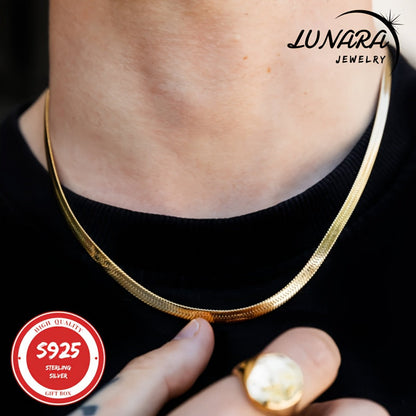Collier chaîne serpent herringbone plaqué or 24 carats, argent sterling 925, chaîne plate 3,5 mm pour femmes et hommes, boîte cadeau incluse, 45-60 cm