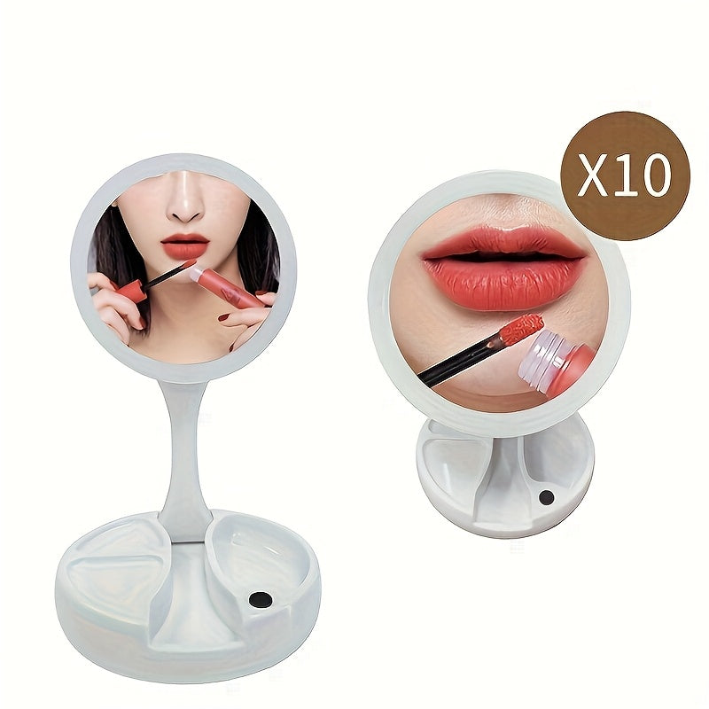 Miroir de maquillage LED avec grossissement 10X – Miroir de courtoisie double face éclairé, LED lumineuses, alimentation USB et piles, miroir de table facile à transporter pour salle de bain, chambre et coiffeuse