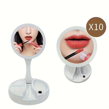 Miroir de maquillage LED avec grossissement 10X – Miroir de courtoisie double face éclairé, LED lumineuses, alimentation USB et piles, miroir de table facile à transporter pour salle de bain, chambre et coiffeuse