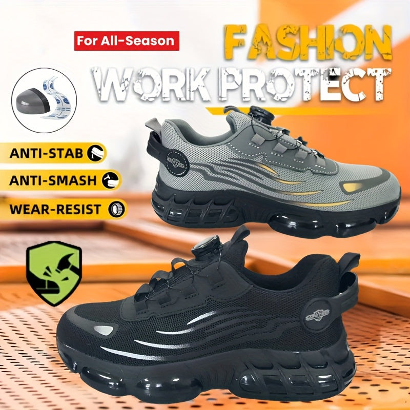 Chaussures de sécurité à embout d'acier pour hommes et femmes – Baskets de protection légères et respirantes avec semelle antidérapante, bout rond, coupe basse – Idéales pour la construction, l'entrepôt, l'extérieur et le camping (Noir/Gris, US 5–12,5)