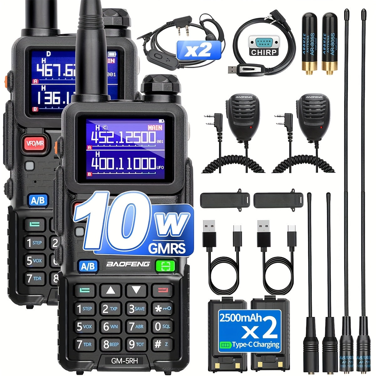 BAOFENG GM-5RH Radio GMRS longue portée 10W, lot de 2 - Talkie-walkie portable avec météo NOAA, chargement USB-C, 999 canaux, batterie 2500mAh, antennes 771 et 805S pour la chasse, le camping et l'escalade