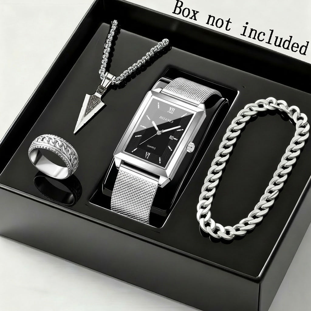 Ensemble montre à quartz et bijoux pour homme, 4 pièces – Montre à affichage de la date avec bracelet en acier inoxydable, collier, bracelet et bague, ensemble cadeau élégant décontracté chic pour homme, disponible en or, argent et noir