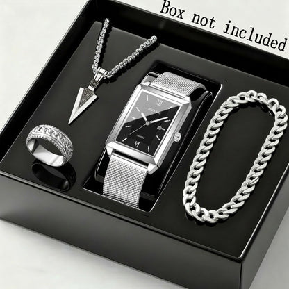 Ensemble montre à quartz et bijoux pour homme, 4 pièces – Montre à affichage de la date avec bracelet en acier inoxydable, collier, bracelet et bague, ensemble cadeau élégant décontracté chic pour homme, disponible en or, argent et noir