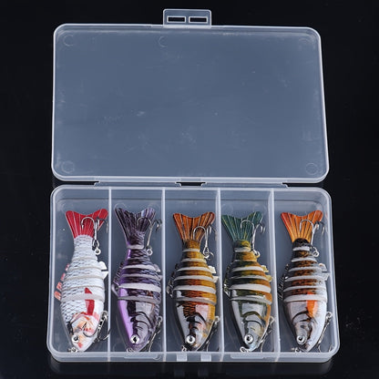 Lot de 5 leurres de pêche articulés à la nage réaliste – Swimbait pour bar, truite et brochet, kit de leurres pour eau douce et eau de mer, 4 modèles assortis