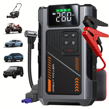 Démarreur de voiture 5000A avec compresseur d'air 150 PSI – Batterie de secours portable 12000 mAh, gonfleur de pneu numérique, USB-C et USB-A, lampe de secours LED pour moteurs essence et diesel 12V